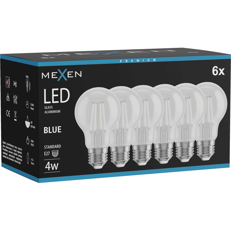 Mexen Vintis 6x żarówka filament LED E27, A60, 4W, 55 lm, blue - L150-E27-04XX-47x06