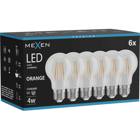 Mexen Vintis 6x żarówka filament LED E27, A60, 4W, 55 lm, orange - L150-E27-04XX-48x06