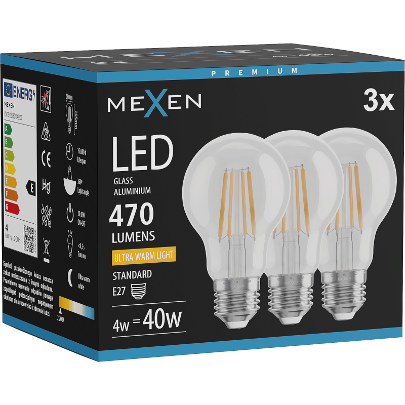 Mexen Vintis 3x żarówka filament LED E27, A60, 4W, Ciepła - 2200K, 470 lm, clear - L150-E27-0422-00x03