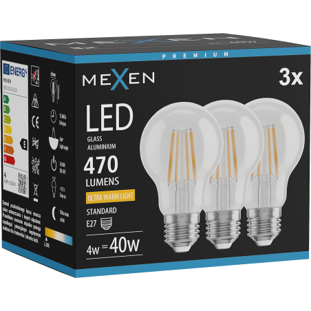 Mexen Vintis 3x żarówka filament LED E27, A60, 4W, Ciepła - 2200K, 470 lm, clear - L150-E27-0422-00x03