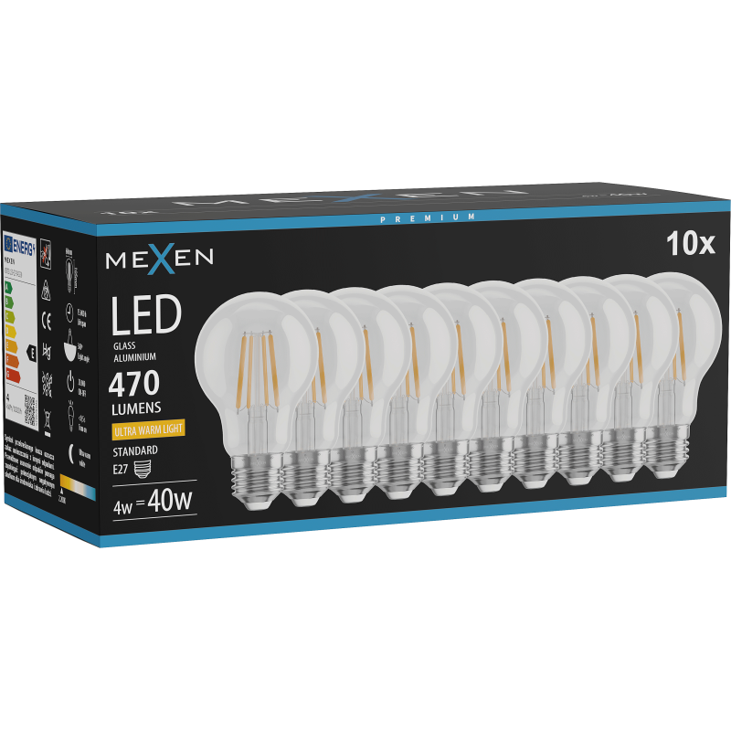 Mexen Vintis 10x żarówka filament LED E27, A60, 4W, Ciepła - 2200K, 470 lm, clear - L150-E27-0422-00x10