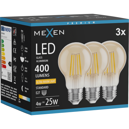 Mexen Vintis 3x żarówka filament LED E27, A60, 4W, Ciepła - 2200K, 400 lm, amber - L150-E27-0422-50x03