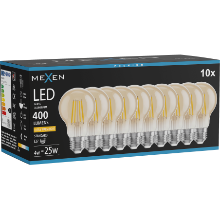 Mexen Vintis 10x żarówka filament LED E27, A60, 4W, Ciepła - 2200K, 400 lm, amber - L150-E27-0422-50x10