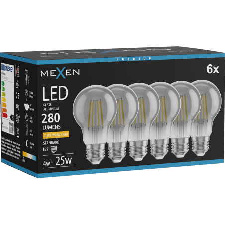 Mexen Vintis 6x żarówka filament LED E27, A60, 4W, Ciepła - 2200K, 280 lm, smoke - L150-E27-0422-70x06