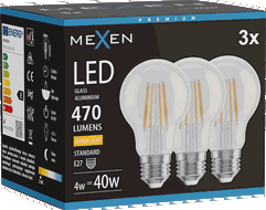 Mexen Vintis 3x żarówka filament LED E27, A60, 4W, Ciepła - 2700K, 470 lm, clear - L150-E27-0427-00x03
