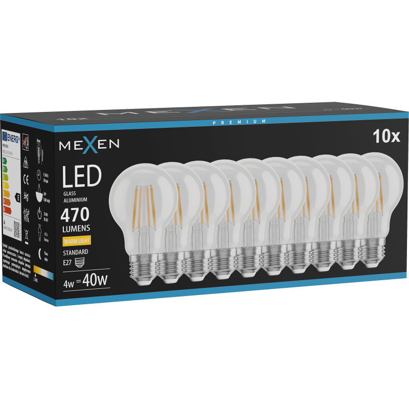 Mexen Vintis 10x żarówka filament LED E27, A60, 4W, Ciepła - 2700K, 470 lm, clear - L150-E27-0427-00x10