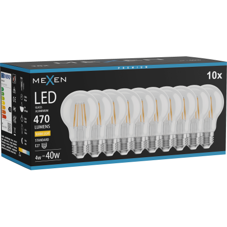 Mexen Vintis 10x żarówka filament LED E27, A60, 4W, Ciepła - 2700K, 470 lm, clear - L150-E27-0427-00x10
