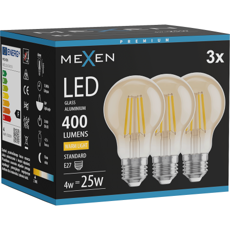 Mexen Vintis 3x żarówka filament LED E27, A60, 4W, Ciepła - 2700K, 400 lm, amber - L150-E27-0427-50x03