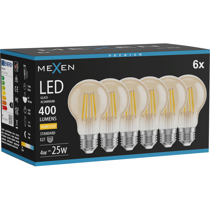 Mexen Vintis 6x żarówka filament LED E27, A60, 4W, Ciepła - 2700K, 400 lm, amber - L150-E27-0427-50x06
