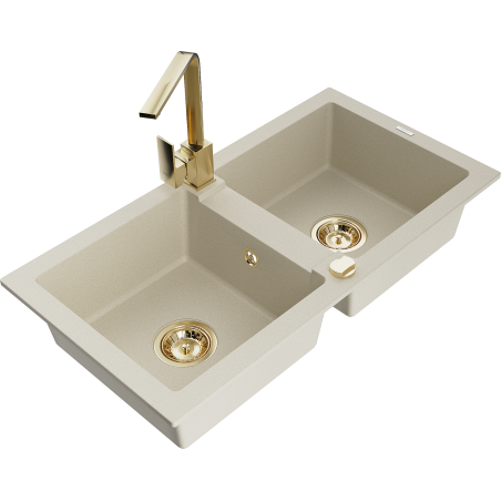 Mexen Mario zlewozmywak granitowy 2-komorowy z baterią kuchenną Rita, beżowy - 6504-69-670300-50