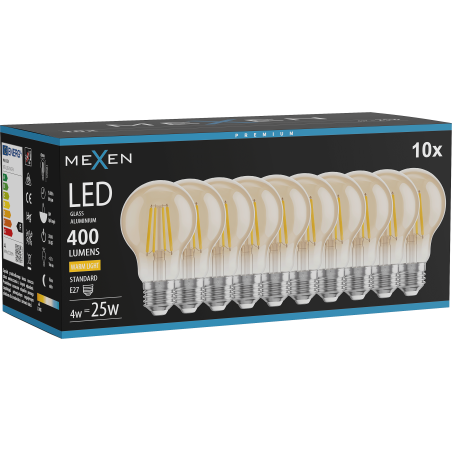 Mexen Vintis 10x żarówka filament LED E27, A60, 4W, Ciepła - 2700K, 400 lm, amber - L150-E27-0427-50x10