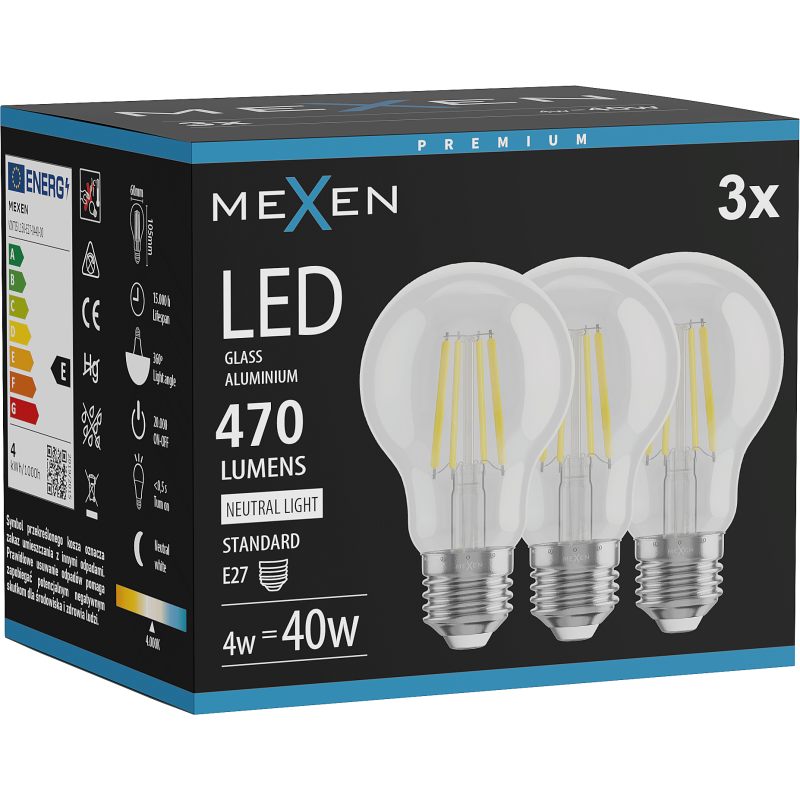 Mexen Vintis 3x żarówka filament LED E27, A60, 4W, Neutralna - 4000K, 470 lm, clear - L150-E27-0440-00x03