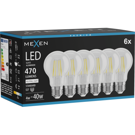 Mexen Vintis 6x żarówka filament LED E27, A60, 4W, Neutralna - 4000K, 470 lm, clear - L150-E27-0440-00x06