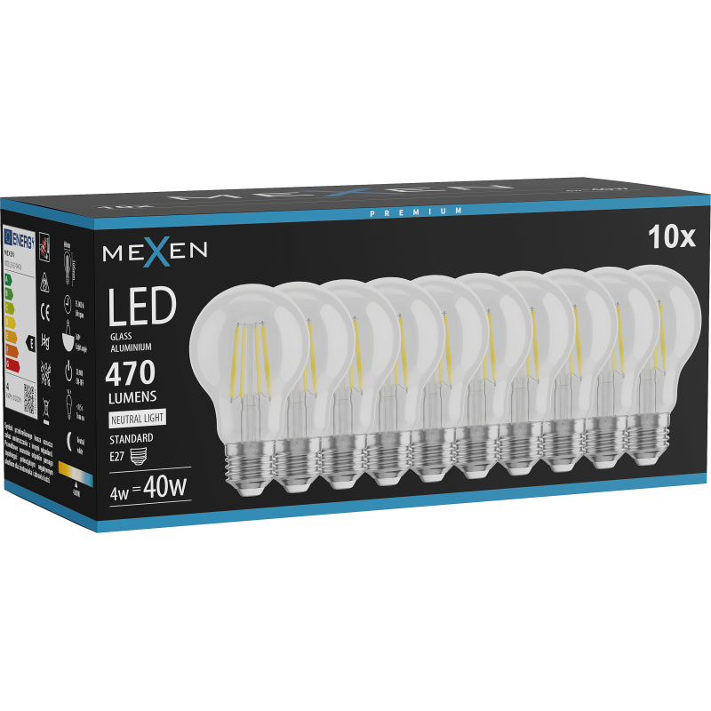 Mexen Vintis 10x żarówka filament LED E27, A60, 4W, Neutralna - 4000K, 470 lm, clear - L150-E27-0440-00x10