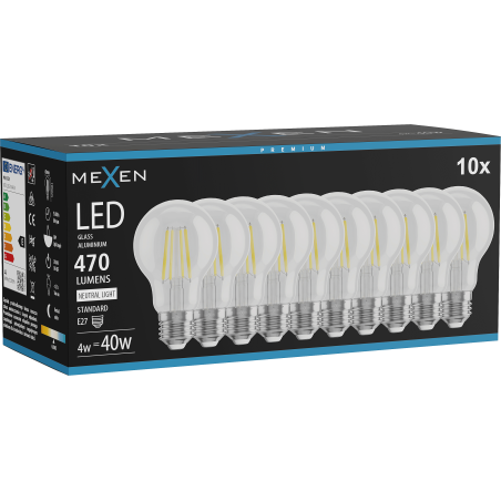 Mexen Vintis 10x żarówka filament LED E27, A60, 4W, Neutralna - 4000K, 470 lm, clear - L150-E27-0440-00x10