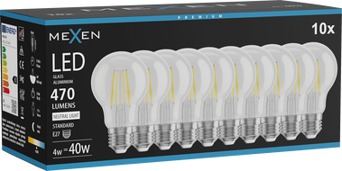 Mexen Vintis 10x żarówka filament LED E27, A60, 4W, Neutralna - 4000K, 470 lm, clear - L150-E27-0440-00x10