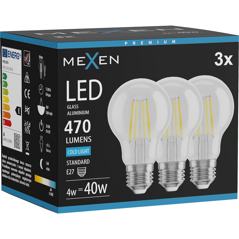Mexen Vintis 3x żarówka filament LED E27, A60, 4W, Zimna - 6500K, 470 lm, clear - L150-E27-0465-00x03