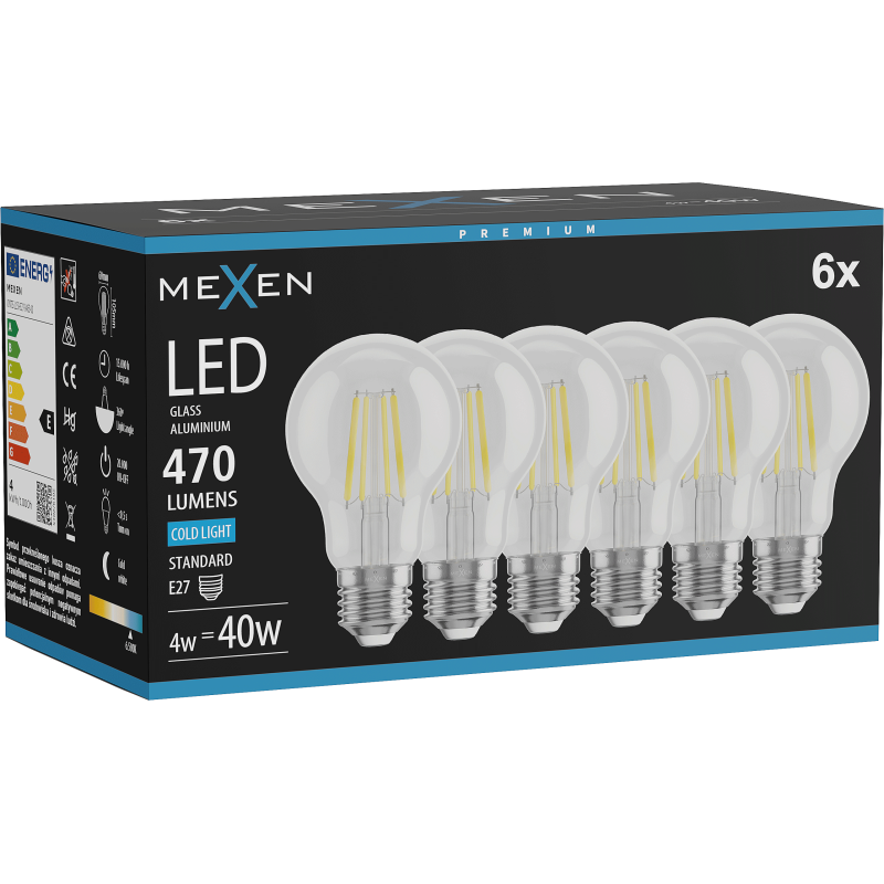 Mexen Vintis 6x żarówka filament LED E27, A60, 4W, Zimna - 6500K, 470 lm, clear - L150-E27-0465-00x06