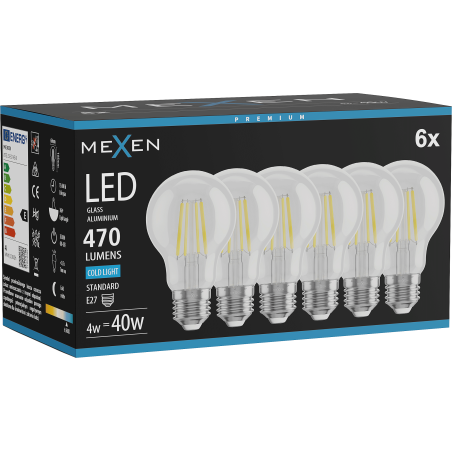 Mexen Vintis 6x żarówka filament LED E27, A60, 4W, Zimna - 6500K, 470 lm, clear - L150-E27-0465-00x06