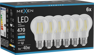 Mexen Vintis 6x żarówka filament LED E27, A60, 4W, Zimna - 6500K, 470 lm, clear - L150-E27-0465-00x06