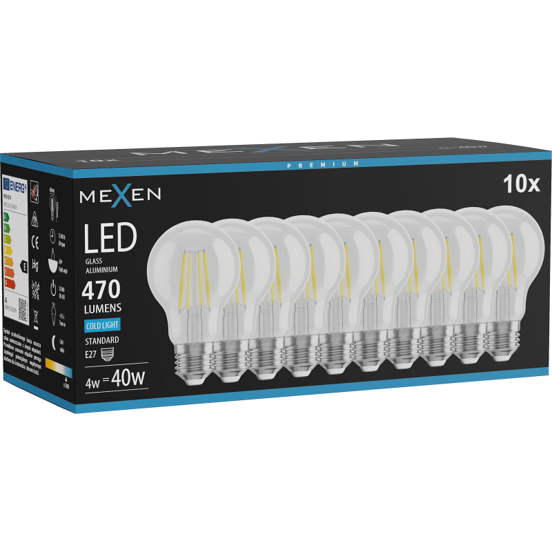 Mexen Vintis 10x żarówka filament LED E27, A60, 4W, Zimna - 6500K, 470 lm, clear - L150-E27-0465-00x10
