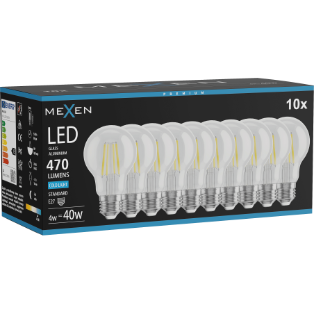 Mexen Vintis 10x żarówka filament LED E27, A60, 4W, Zimna - 6500K, 470 lm, clear - L150-E27-0465-00x10