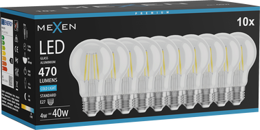 Mexen Vintis 10x żarówka filament LED E27, A60, 4W, Zimna - 6500K, 470 lm, clear - L150-E27-0465-00x10
