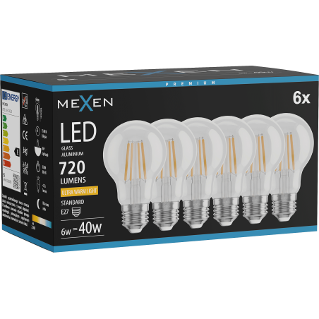Mexen Vintis 6x żarówka filament LED E27, A60, 6W, Ciepła - 2200K, 720 lm, clear - L150-E27-0622-00x06