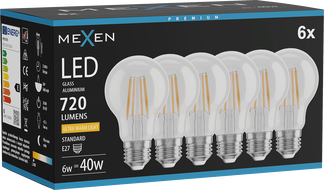 Mexen Vintis 6x żarówka filament LED E27, A60, 6W, Ciepła - 2200K, 720 lm, clear - L150-E27-0622-00x06