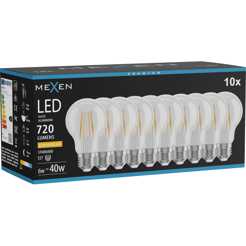 Mexen Vintis 10x żarówka filament LED E27, A60, 6W, Ciepła - 2200K, 720 lm, clear - L150-E27-0622-00x10