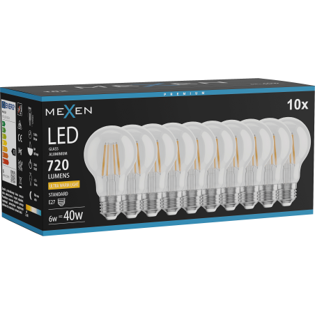 Mexen Vintis 10x żarówka filament LED E27, A60, 6W, Ciepła - 2200K, 720 lm, clear - L150-E27-0622-00x10