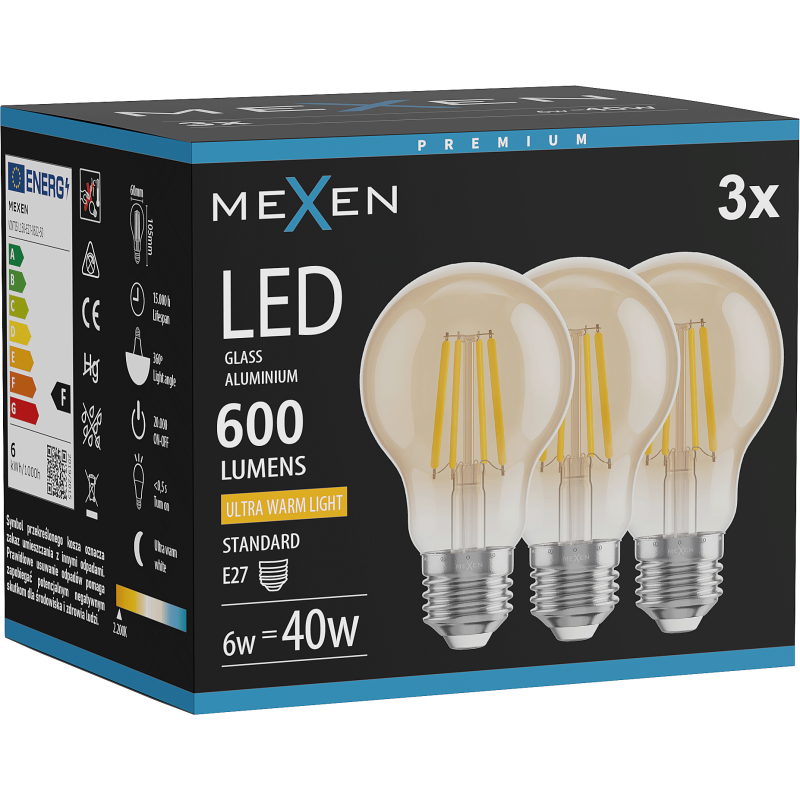 Mexen Vintis 3x żarówka filament LED E27, A60, 6W, Ciepła - 2200K, 600 lm, amber - L150-E27-0622-50x03