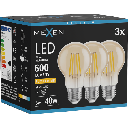 Mexen Vintis 3x żarówka filament LED E27, A60, 6W, Ciepła - 2200K, 600 lm, amber - L150-E27-0622-50x03