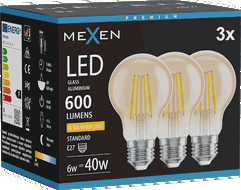 Mexen Vintis 3x żarówka filament LED E27, A60, 6W, Ciepła - 2200K, 600 lm, amber - L150-E27-0622-50x03