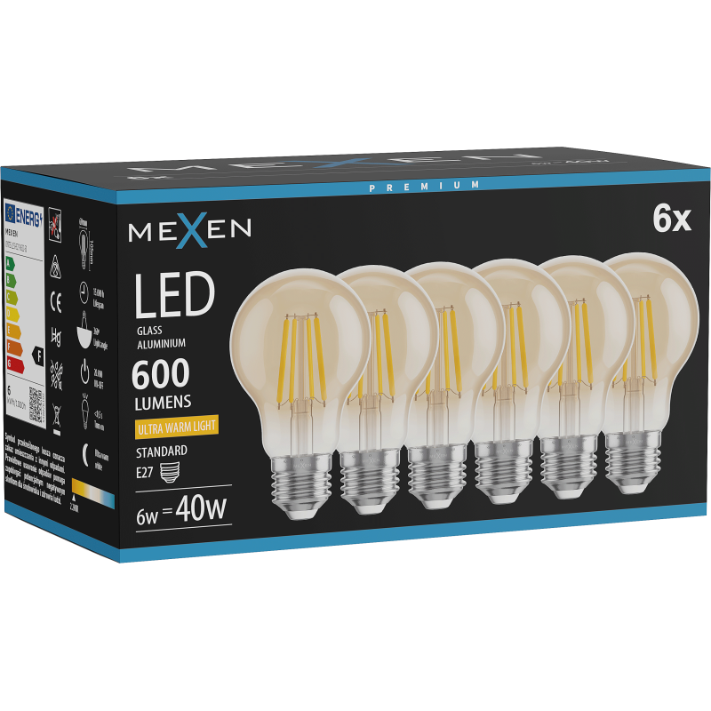 Mexen Vintis 6x żarówka filament LED E27, A60, 6W, Ciepła - 2200K, 600 lm, amber - L150-E27-0622-50x06