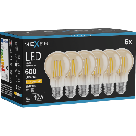 Mexen Vintis 6x żarówka filament LED E27, A60, 6W, Ciepła - 2200K, 600 lm, amber - L150-E27-0622-50x06