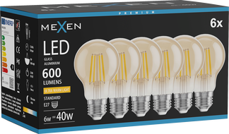 Mexen Vintis 6x żarówka filament LED E27, A60, 6W, Ciepła - 2200K, 600 lm, amber - L150-E27-0622-50x06