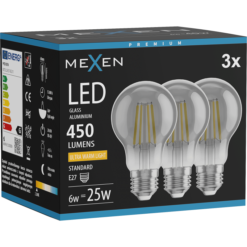 Mexen Vintis 3x żarówka filament LED E27, A60, 6W, Ciepła - 2200K, 450 lm, smoke - L150-E27-0622-70x03