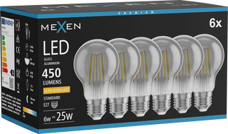 Mexen Vintis 6x żarówka filament LED E27, A60, 6W, Ciepła - 2200K, 450 lm, smoke - L150-E27-0622-70x06