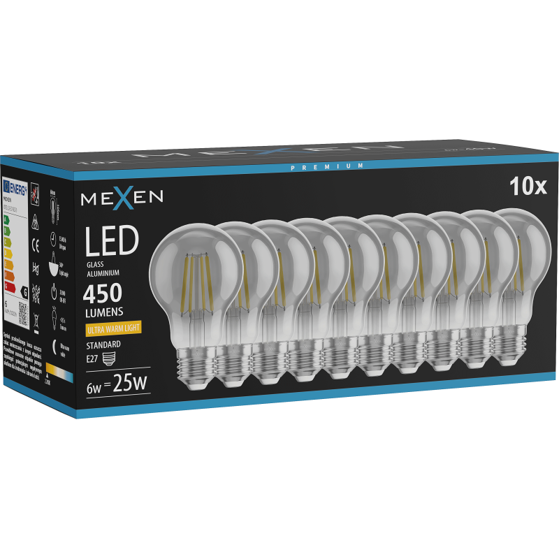 Mexen Vintis 10x żarówka filament LED E27, A60, 6W, Ciepła - 2200K, 450 lm, smoke - L150-E27-0622-70x10