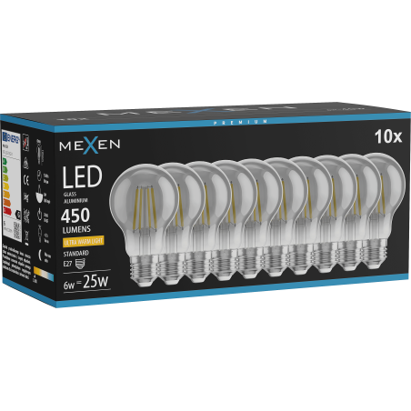 Mexen Vintis 10x żarówka filament LED E27, A60, 6W, Ciepła - 2200K, 450 lm, smoke - L150-E27-0622-70x10