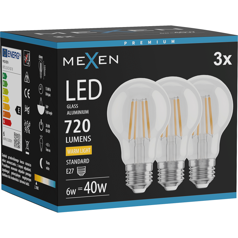 Mexen Vintis 3x żarówka filament LED E27, A60, 6W, Ciepła - 2700K, 720 lm, clear - L150-E27-0627-00x03