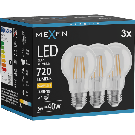 Mexen Vintis 3x żarówka filament LED E27, A60, 6W, Ciepła - 2700K, 720 lm, clear - L150-E27-0627-00x03
