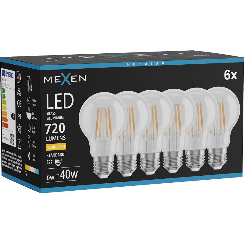 Mexen Vintis 6x żarówka filament LED E27, A60, 6W, Ciepła - 2700K, 720 lm, clear - L150-E27-0627-00x06