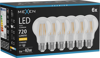 Mexen Vintis 6x żarówka filament LED E27, A60, 6W, Ciepła - 2700K, 720 lm, clear - L150-E27-0627-00x06