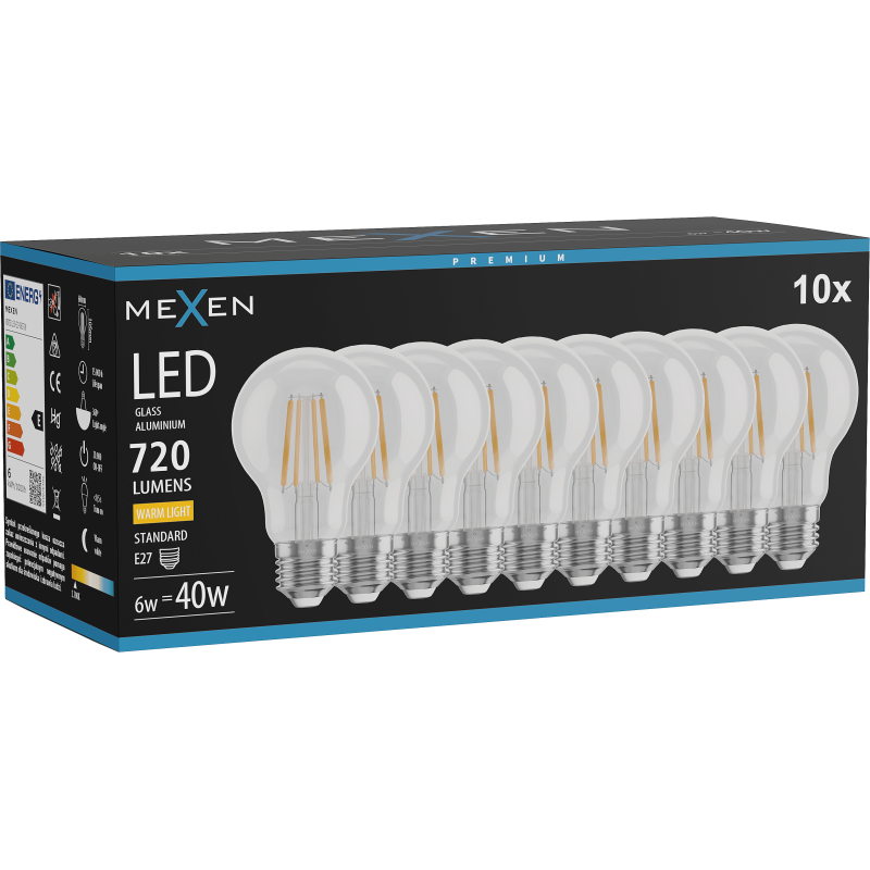 Mexen Vintis 10x żarówka filament LED E27, A60, 6W, Ciepła - 2700K, 720 lm, clear - L150-E27-0627-00x10