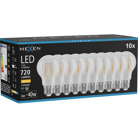 Mexen Vintis 10x żarówka filament LED E27, A60, 6W, Ciepła - 2700K, 720 lm, clear - L150-E27-0627-00x10