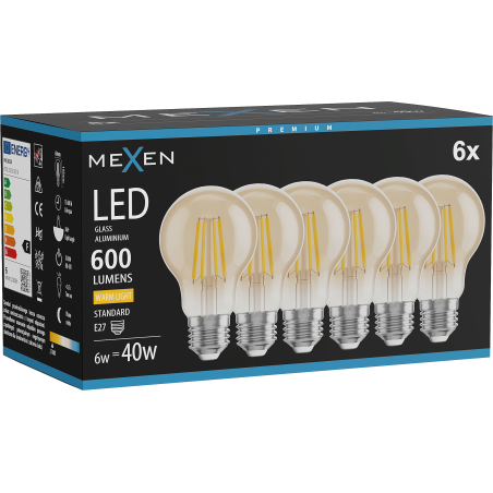 Mexen Vintis 6x żarówka filament LED E27, A60, 6W, Ciepła - 2700K, 600 lm, amber - L150-E27-0627-50x06