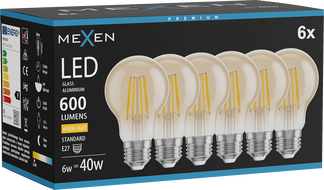 Mexen Vintis 6x żarówka filament LED E27, A60, 6W, Ciepła - 2700K, 600 lm, amber - L150-E27-0627-50x06