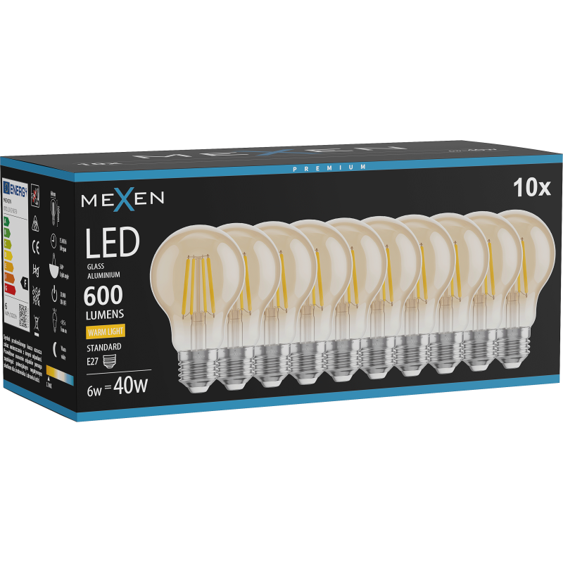 Mexen Vintis 10x żarówka filament LED E27, A60, 6W, Ciepła - 2700K, 600 lm, amber - L150-E27-0627-50x10
